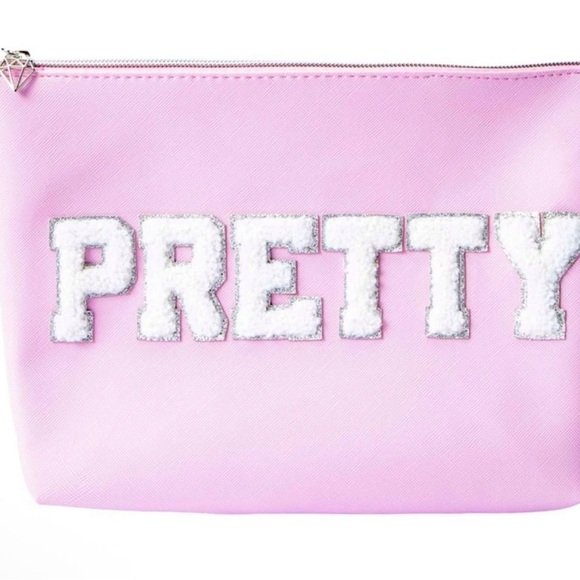 Pink big cosmetic Bag /clutch with 'PRETTY' Embroidery - Picture 2 of 7